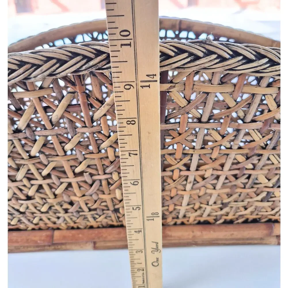 Vintage Rattan Woven Wicker Basket Magazine Rack 1960s Cottage Cabin Handles
